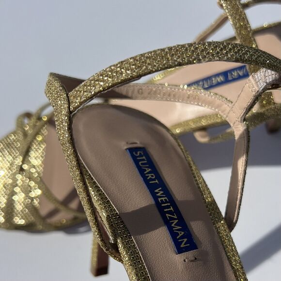 STUART WEITZMAN Starla Stiletto Heel Sandal, Gold Noir, Women 9.5 Preowned - Picture 11 of 15
